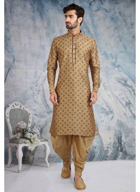 Beige Colour New Designer Function Wear Banarasi Silk Kurta Peshawari Mens Collection 1236